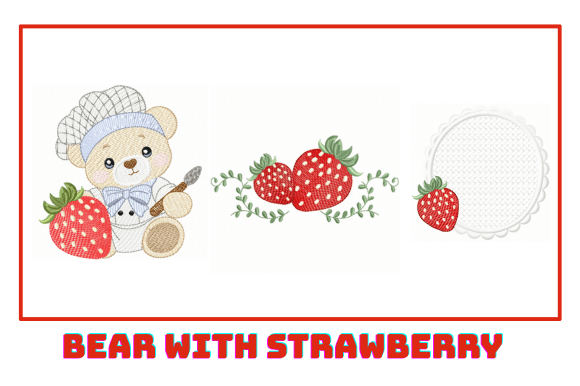 Bear with Strawberry Embroidery Design