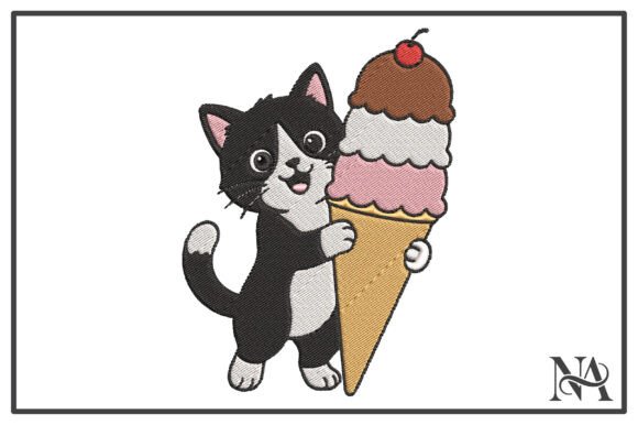 Cute Tuxedo Cat Ice Cream Embroidery