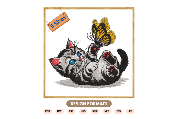 Playful Kitten with Butterfly Embroidery