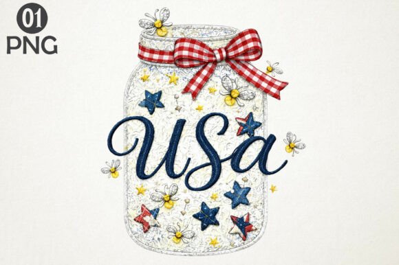 USA Mason Jar Patriotic Bee Embroidery
