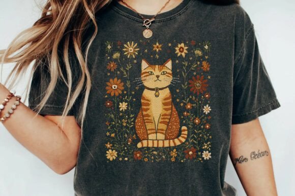 Vintage Folk Art Orange Tabby Cat Embroidery Design